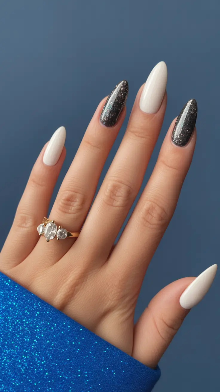 wedding nail designs for bride 2026 Black and White Almond Contrast With Shimmer Depth