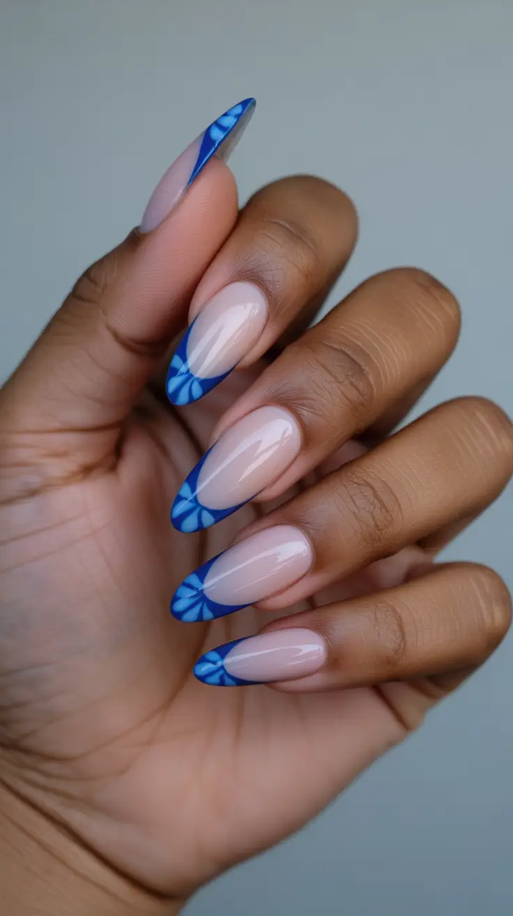 wedding nail designs for bride 2026 Blue Petal French on Almond Silhouette