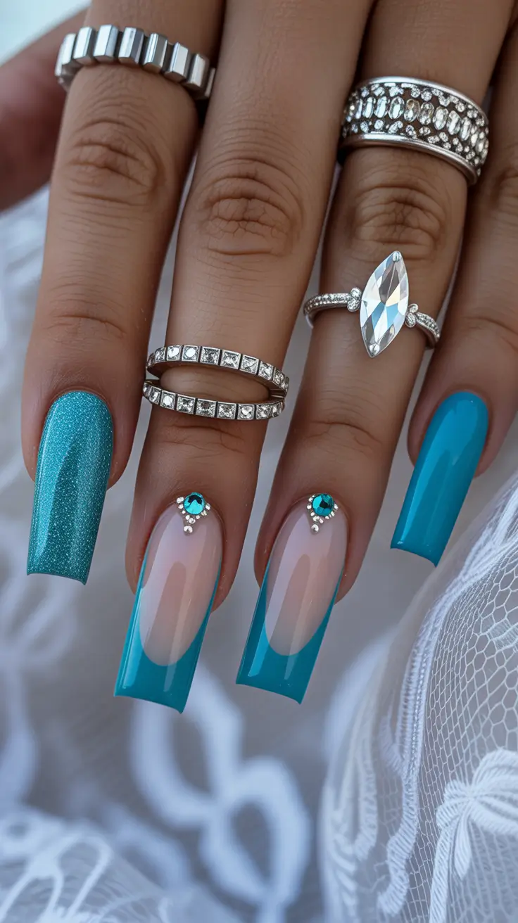 wedding nail designs for bride 2026 Vivid Blue Sculpted French With Jewel Accents
