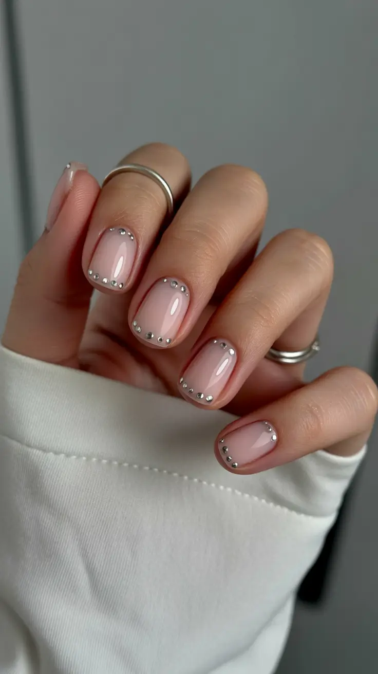 wedding nail designs for bride 2026 Short Nude Nails With Silver Bead Outlining