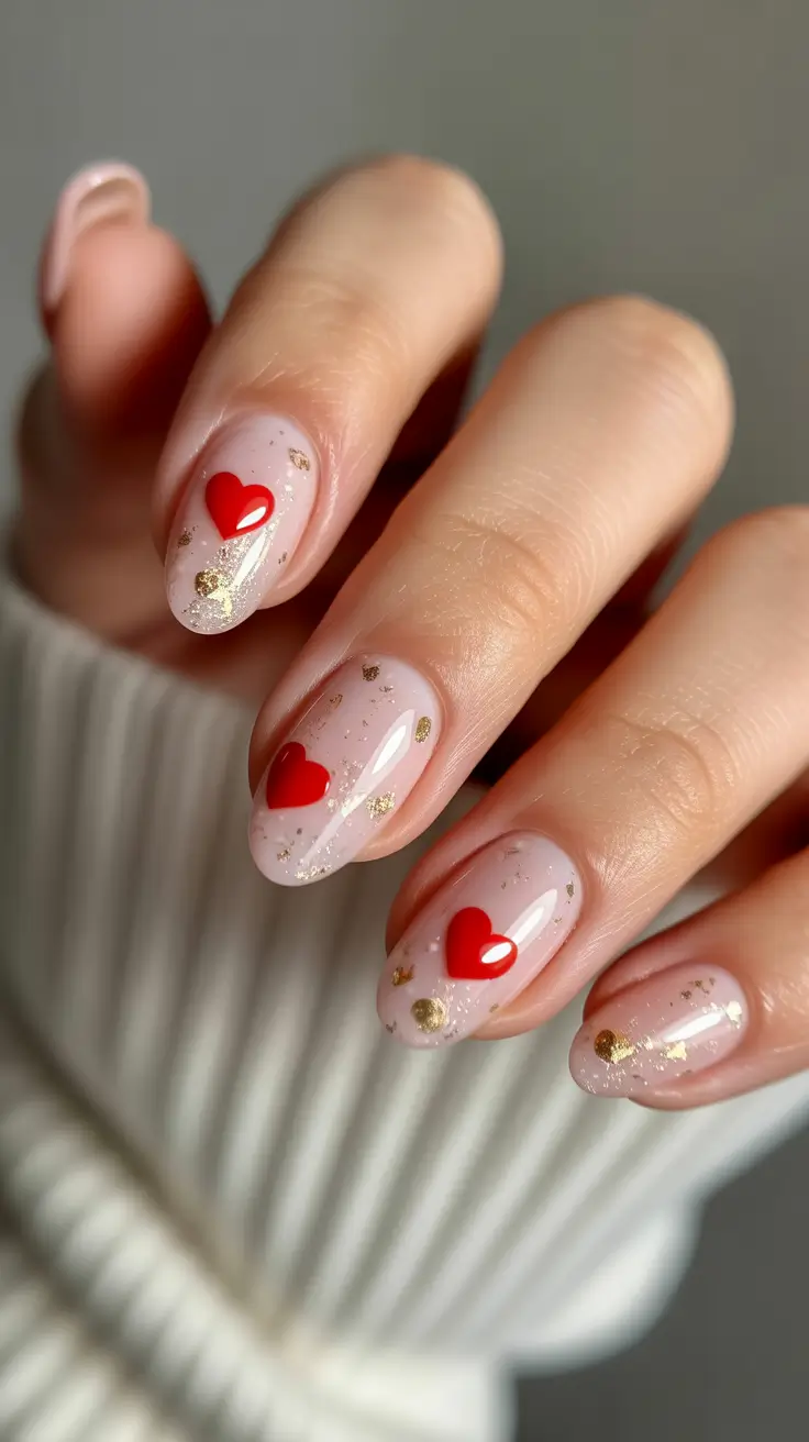 wedding nail designs for bride 2026 Soft Sheer Base With Red Heart Details and Golden Flecks