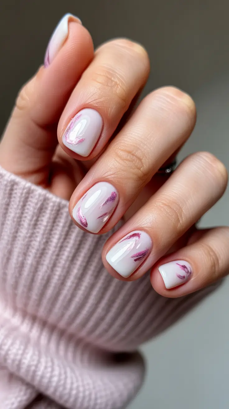 wedding nail designs for bride 2026 White Base With Pink Metallic Brushstroke Accents