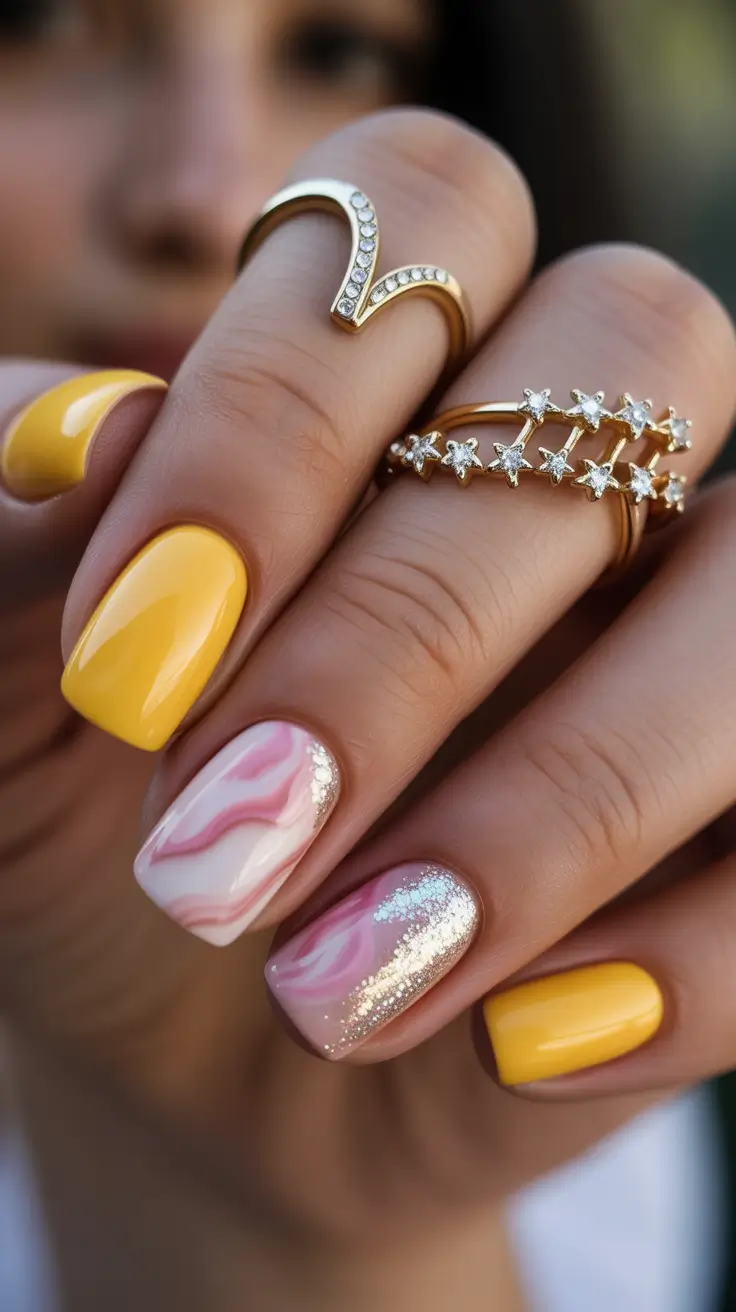 yellow nails trend 2026 Pink Marble Glow With Citrus Highlights