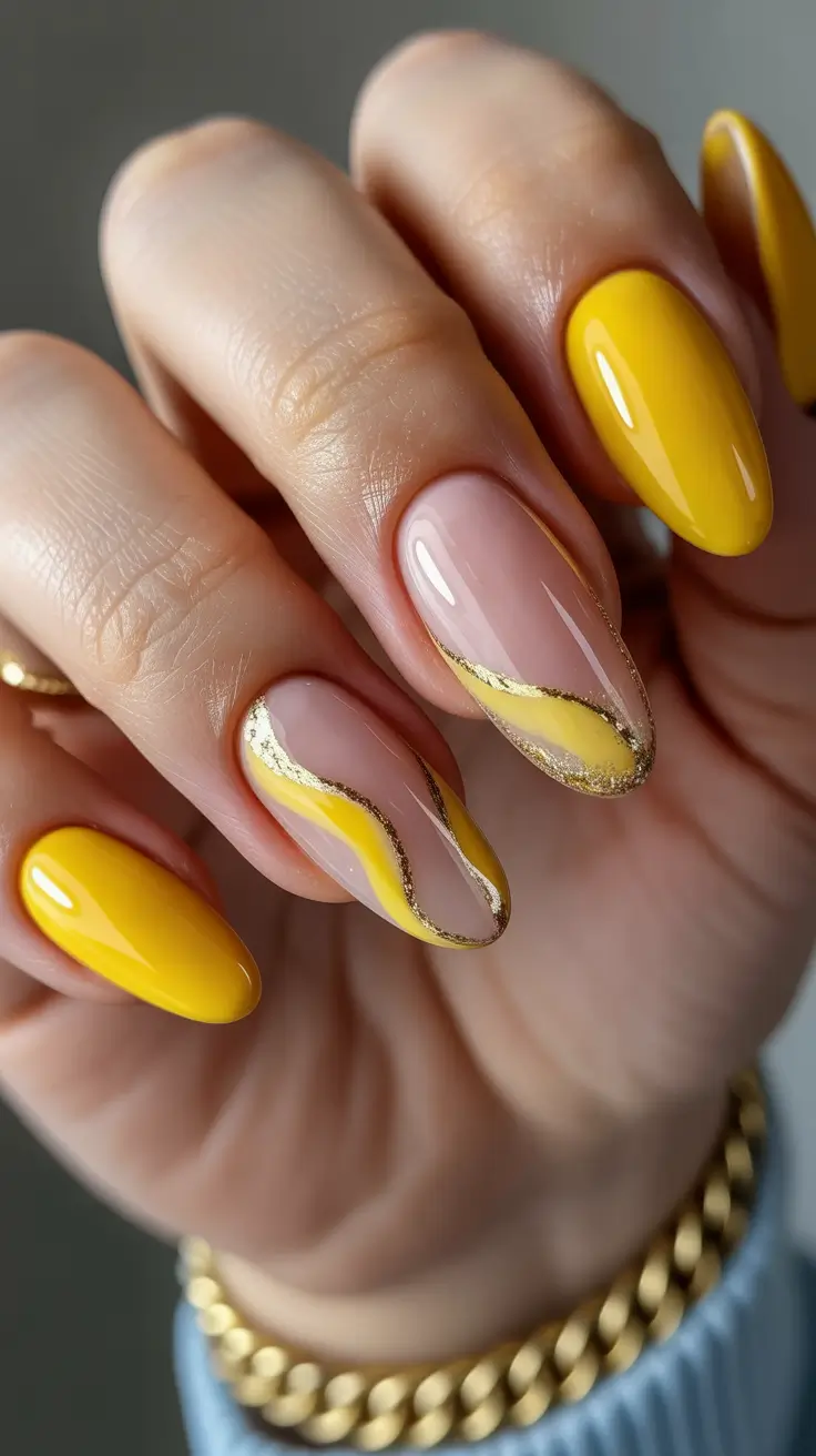yellow nails trend 2026 Gilded Waves on Nude and Citrus