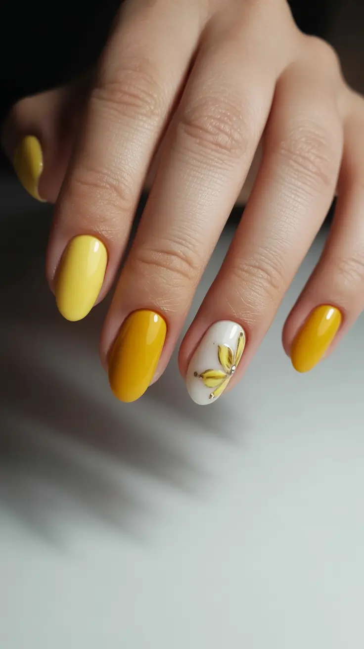 yellow nails trend 2026 Lemon Petal Accent in Soft Citrus Shades