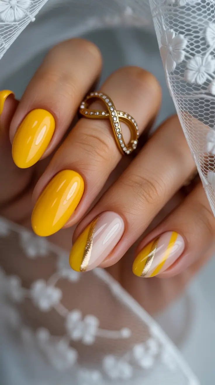 yellow nails trend 2026 Diagonal Gold Stripes on Modern Sunshine