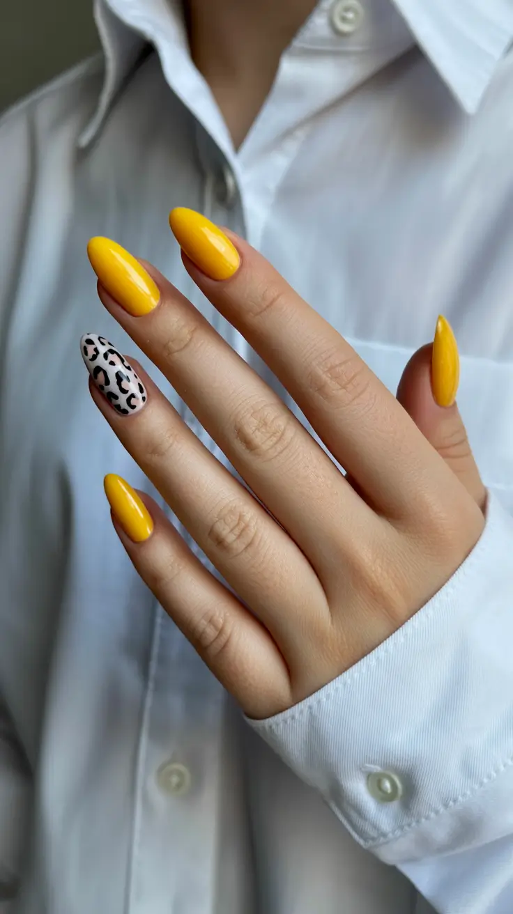 yellow nails trend 2026 Citrus Leopard Accent With Almond Shine