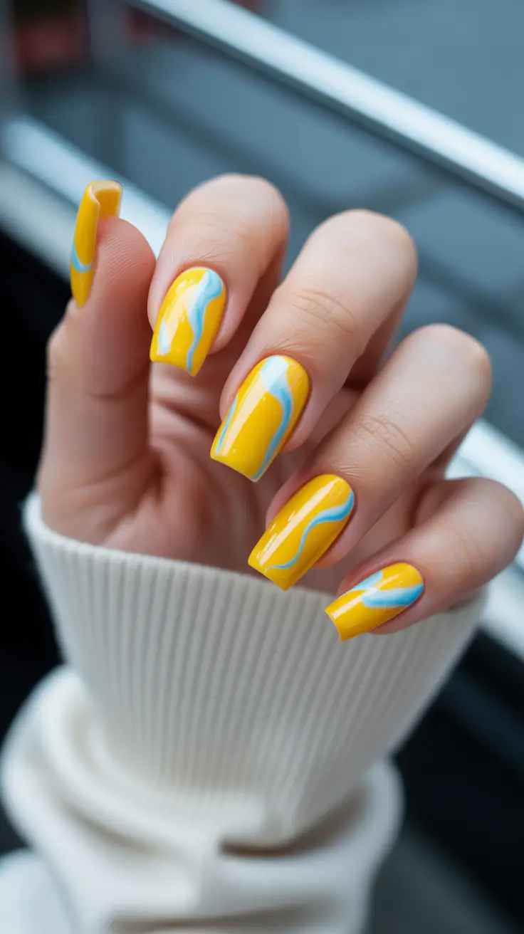 yellow nails trend 2026 Blue Wave Ribbons on Square Sunshine