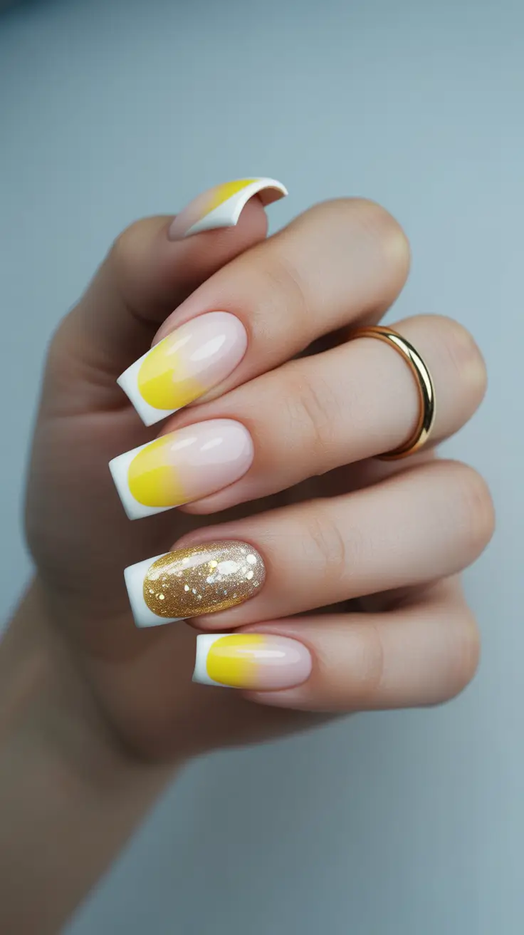 yellow nails trend 2026 Soft Lemon Ombre French With Golden Accent