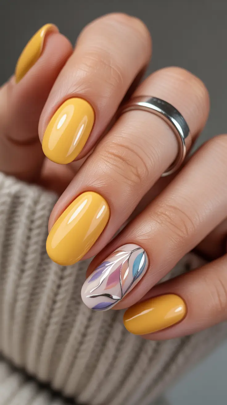 yellow nails trend 2026 Pastel Mosaic Accent on Buttery Sunshine