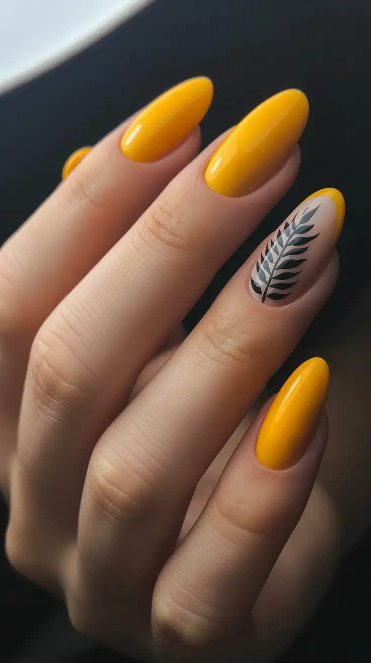 yellow nails trend 2026 Golden Hour Leaf Accent
