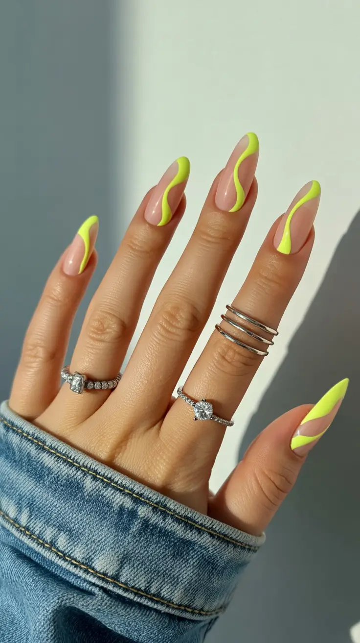 yellow nails trend 2026 Wavy Neon Citrus French