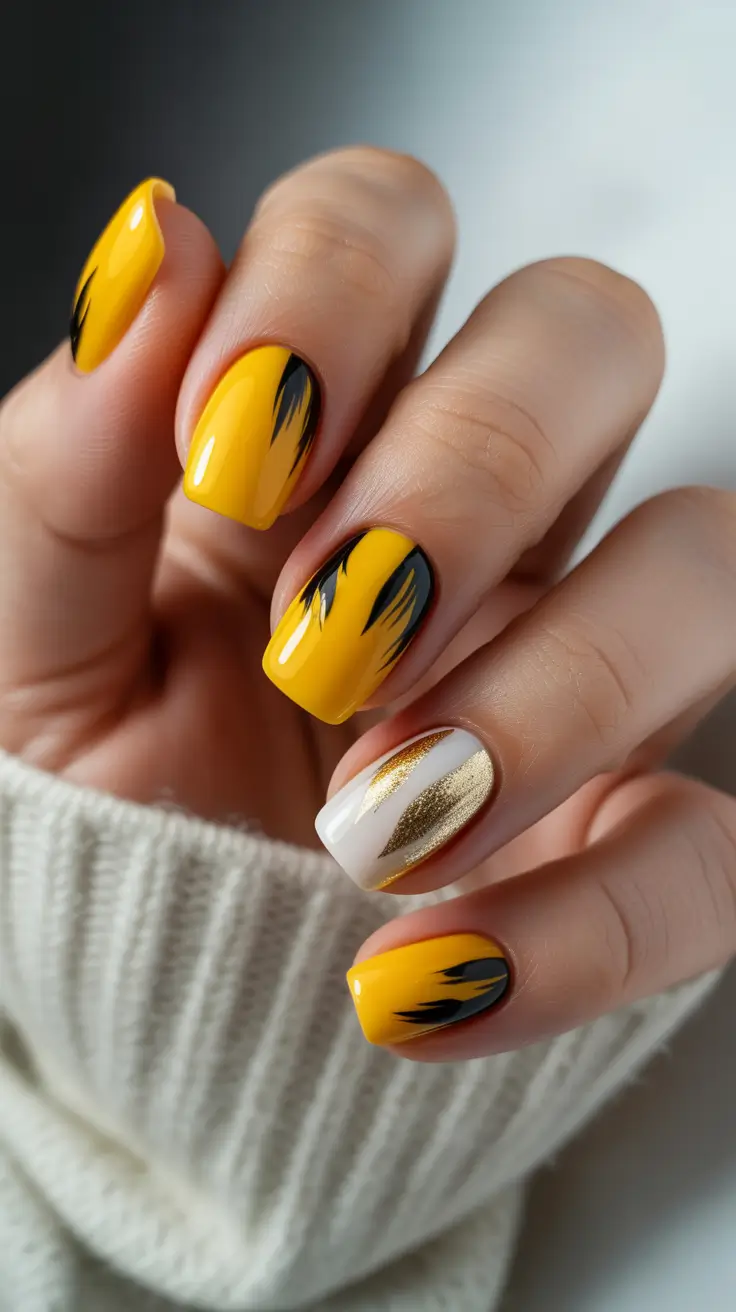 yellow nails trend 2026 Firestroke Square Tips With Metallic Accent