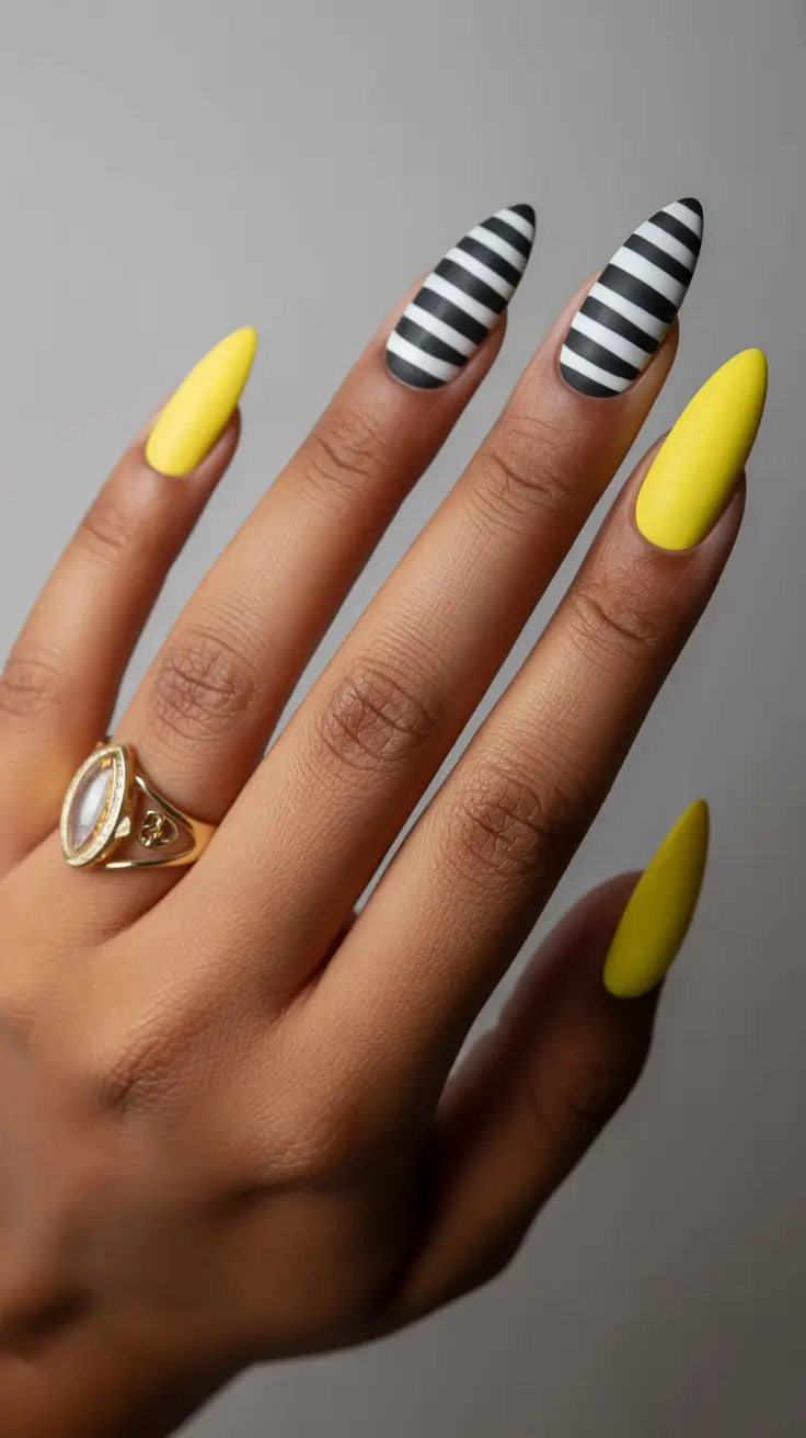 yellow nails trend 2026 Striped Monochrome Meets Matte Sunshine