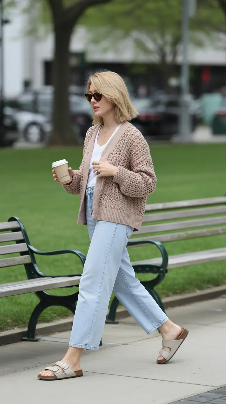 spring mom outfits 2026 Soft Cardigan and Relaxed Light Denim