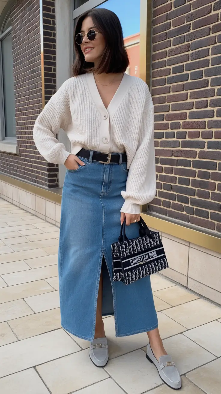 spring mom outfits 2026 Denim Skirt Chic With Soft Knit Layers