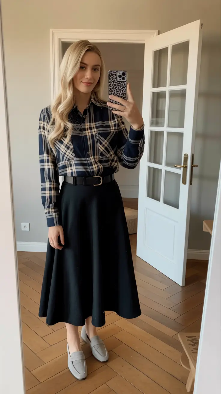 spring mom outfits 2026 Checked Shirt and Classic Black Midi Skirt