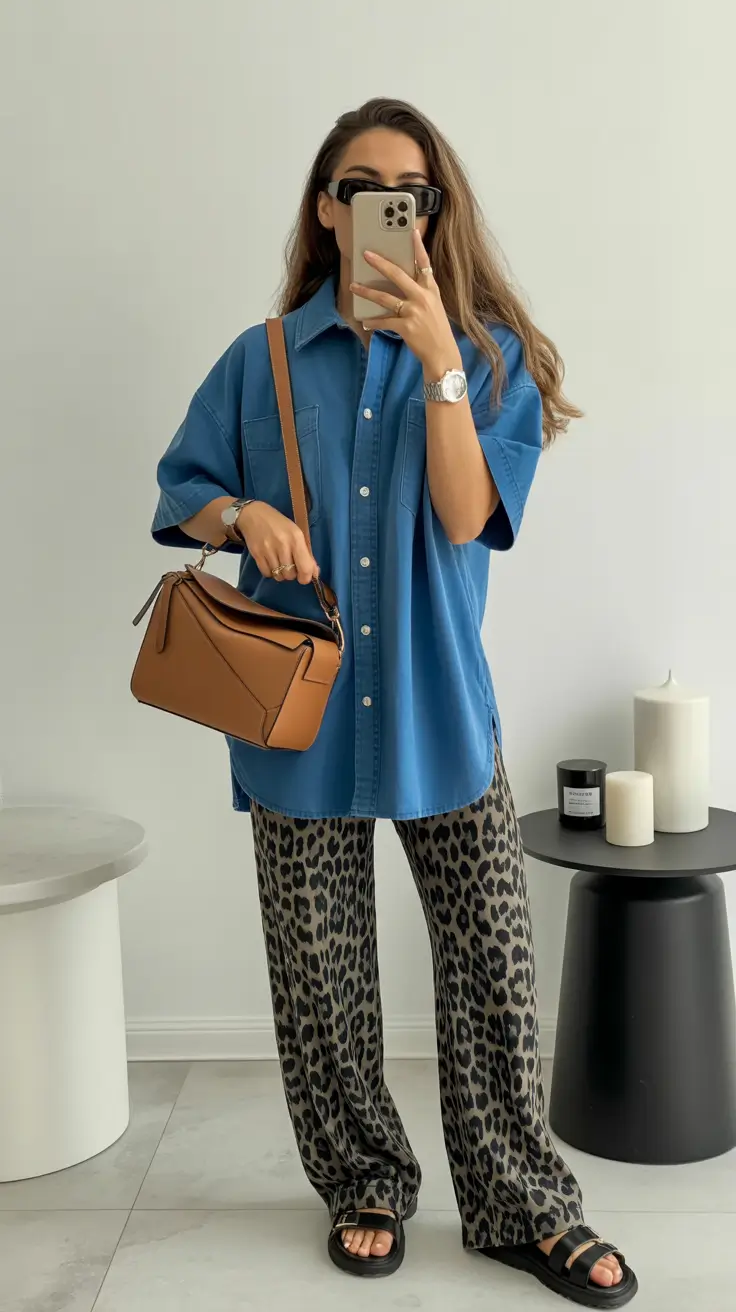 spring mom outfits 2026 Bold Blue Shirt With Leopard Wide-Leg Pants