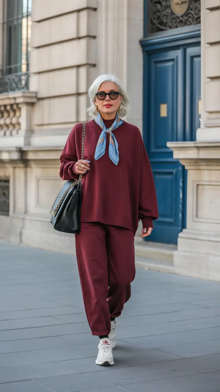 spring mom outfits 2026 Monochrome Burgundy Set With a Silk Scarf