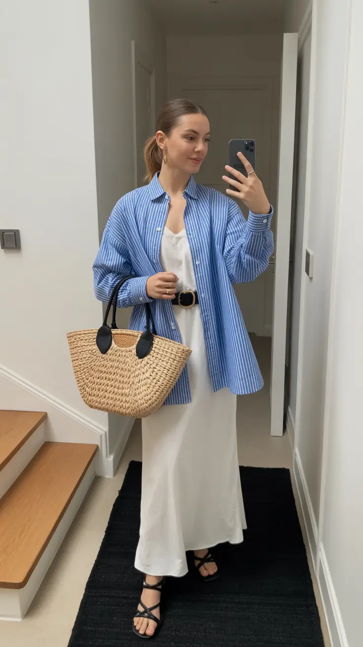 spring mom outfits 2026 Striped Overshirt and Minimal White Dress