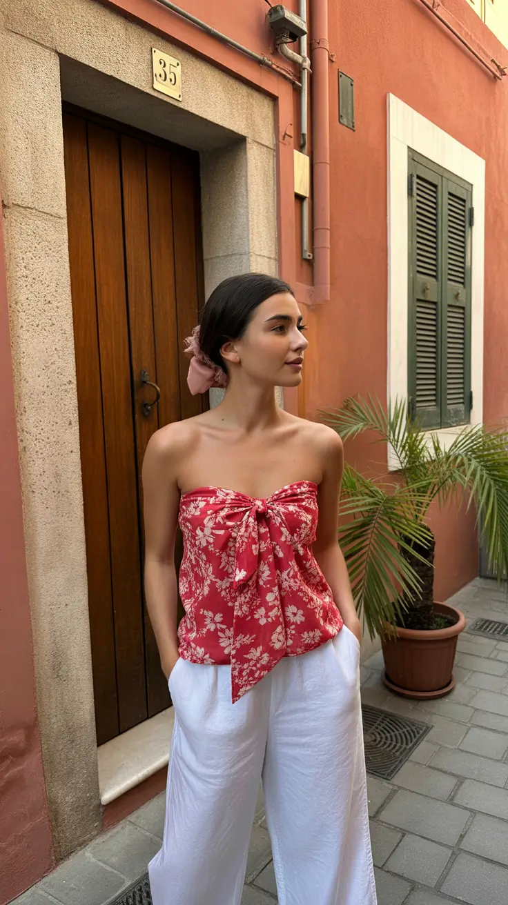 spring vacation outfits 2026 Floral Tie-Front Top with Relaxed Whites for European Charm