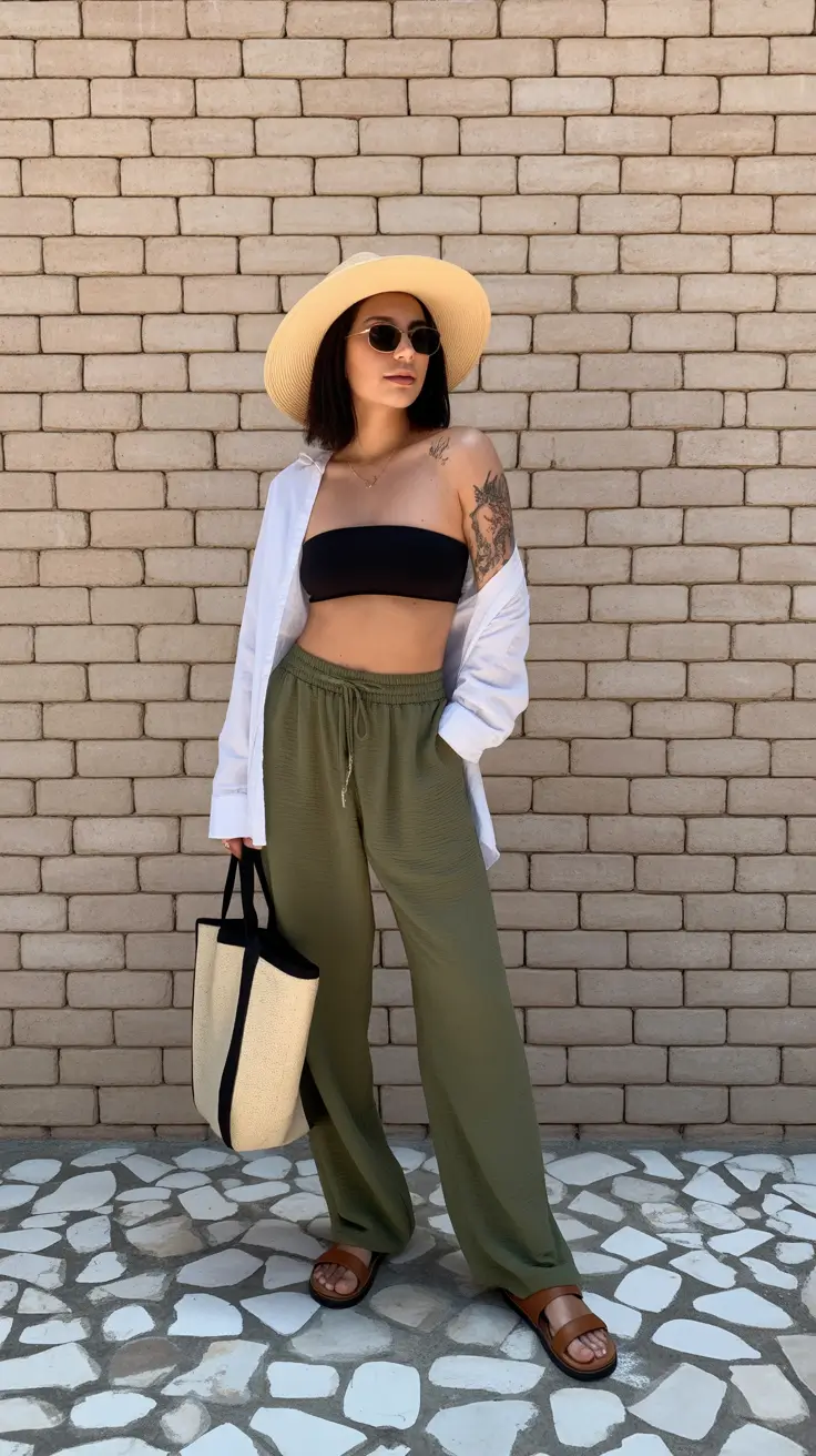 spring vacation outfits 2026 Black Bandeau and Olive Trousers for Modern Minimalists