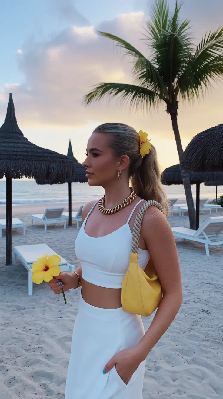 spring vacation outfits 2026 Fresh Whites and Yellow Accents for Beachfront Glow
