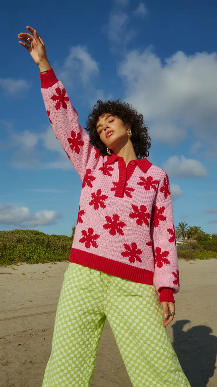 spring y2k outfits 2026 Playful Retro Color Clash on the Beach