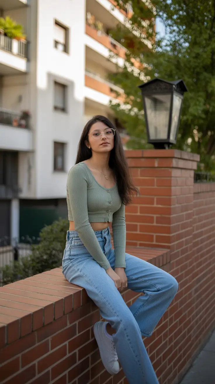 spring y2k outfits 2026 Soft Mint Rib Knit With Classic Denim Ease