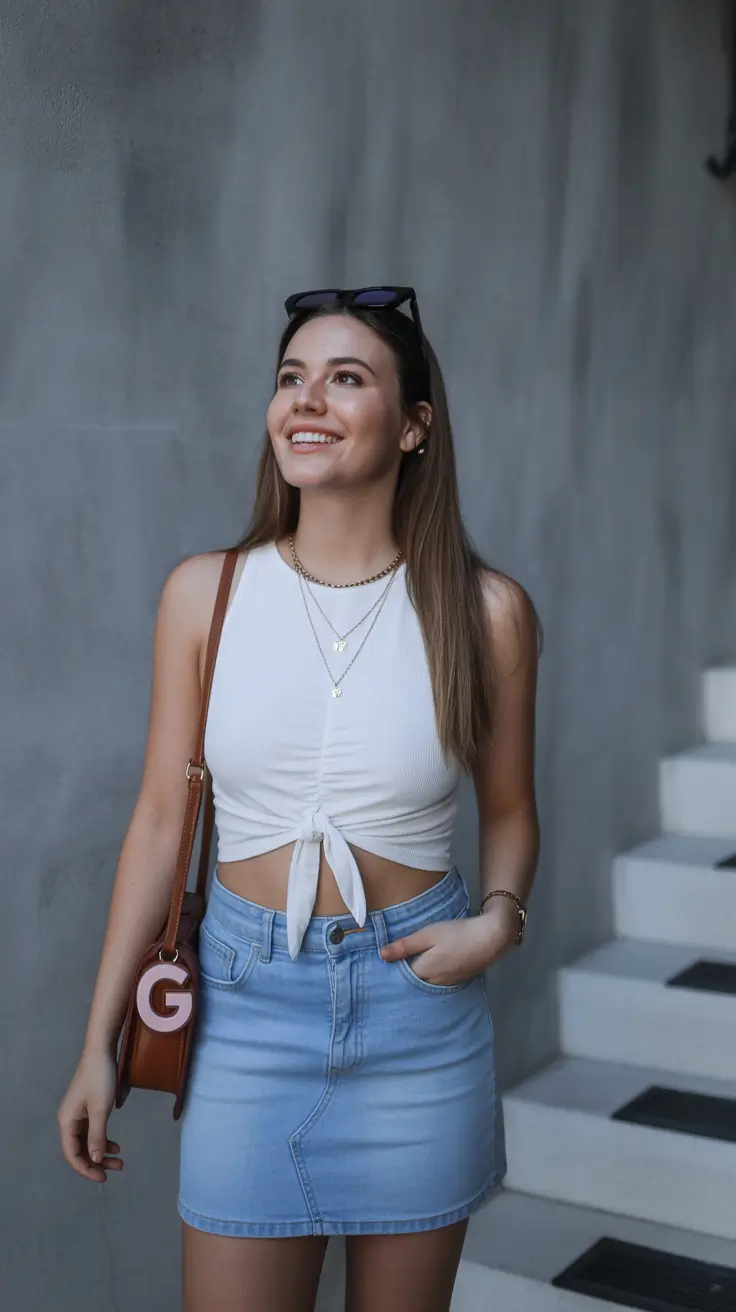 spring y2k outfits 2026 Denim Mini Sweetness With a Clean Spring Glow