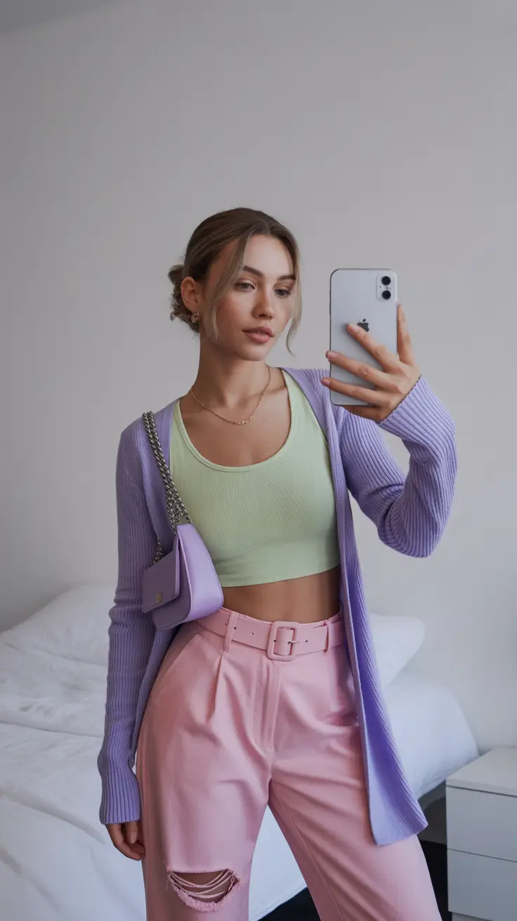 spring y2k outfits 2026 Soft Sorbet Layers for Warm Spring Mornings