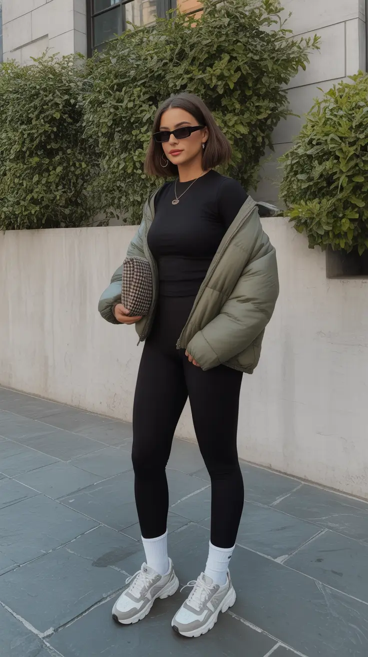 leggings outfit spring 2026 Olive Puffer and Black Leggings for Urban Spring Cool