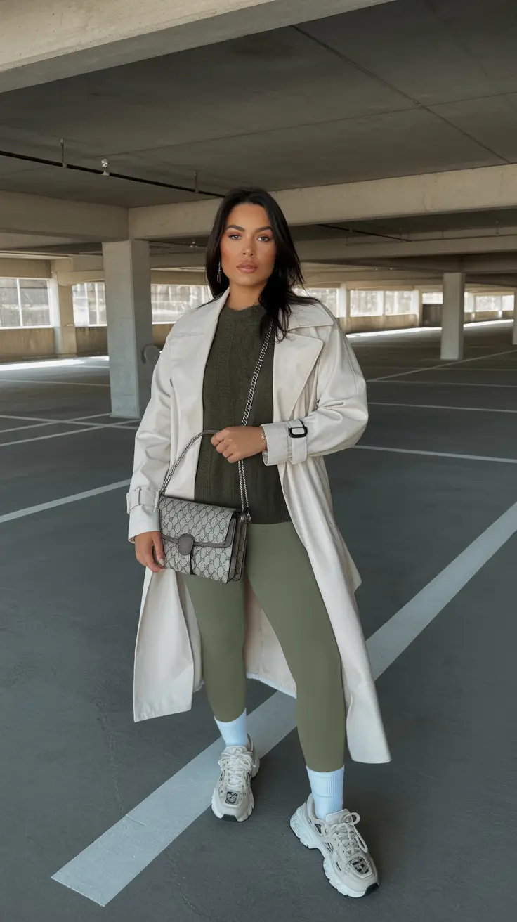 leggings outfit spring 2026 Neutral Trench With Olive Tones for a Calm Chic Spring Look