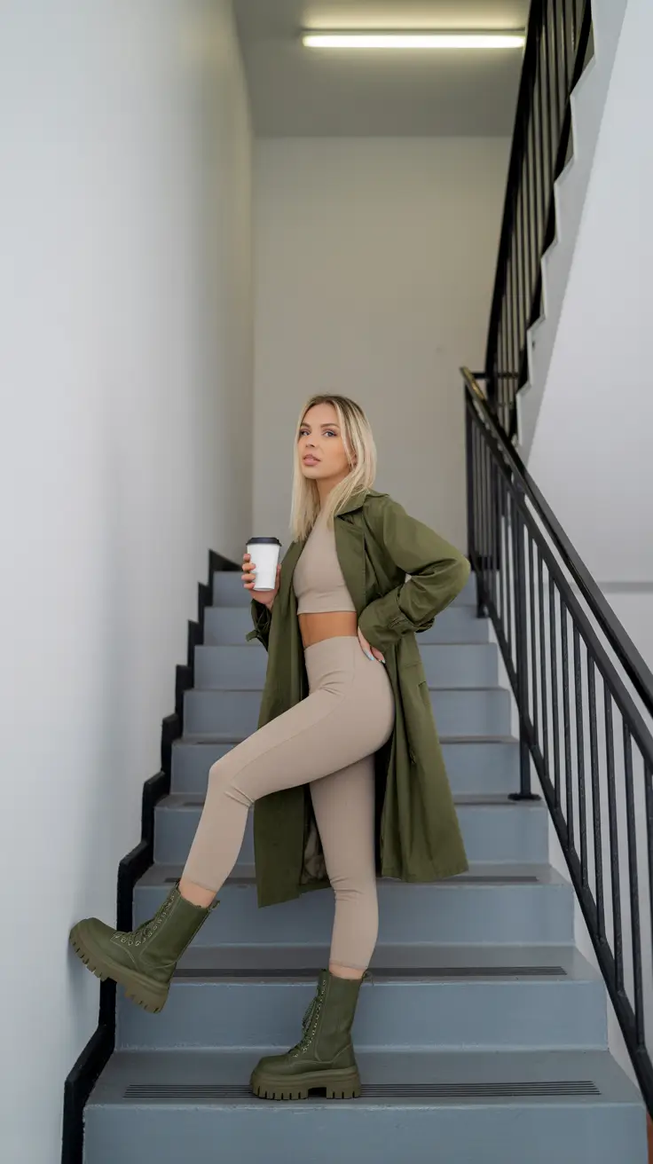 leggings outfit spring 2026 Soft Khaki Tones and Chunky Boots for an Unexpected Spring Edge