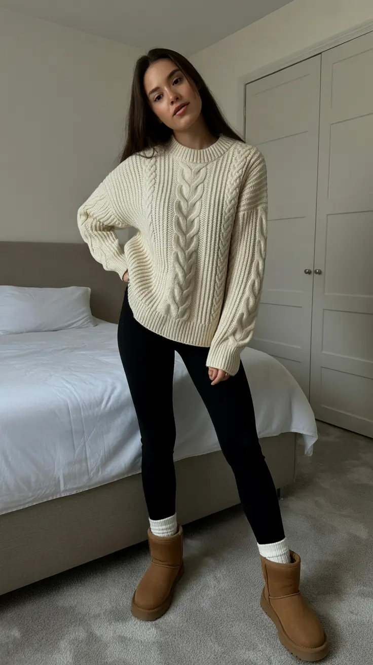 leggings outfit spring 2026 Cozy Cream Knit and Black Leggings for Cold Spring Mornings