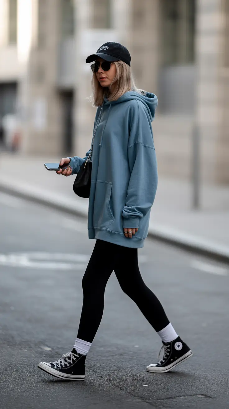 leggings outfit spring 2026 Oversized Blue Hoodie and Black Leggings for an Easy Spring Street Look
