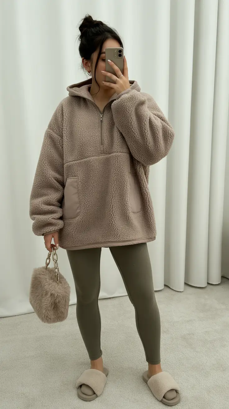leggings outfit spring 2026 Earthy Fleece and Olive Leggings for a Soft Indoor Spring Day
