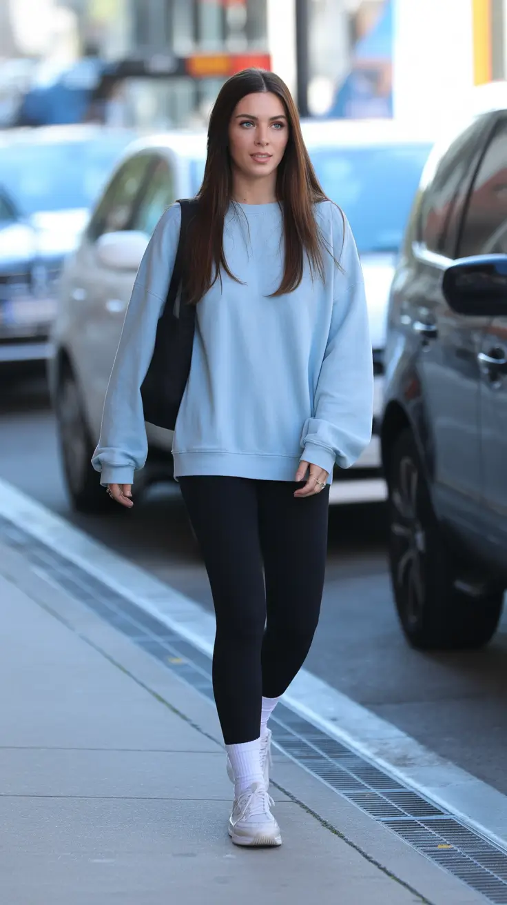 leggings outfit spring 2026 Light Blue Sweater Calm for Everyday Ease