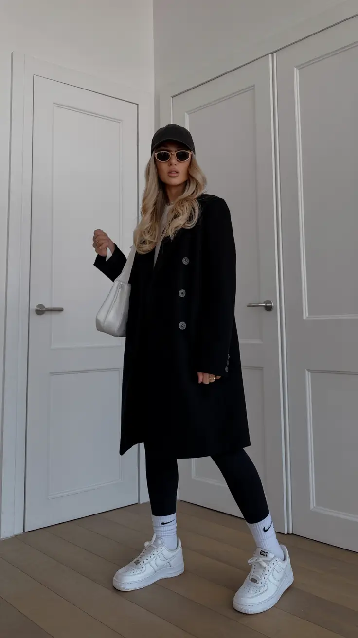 leggings outfit spring 2026 Black Coat Minimalism for an Elevated Spring Moment