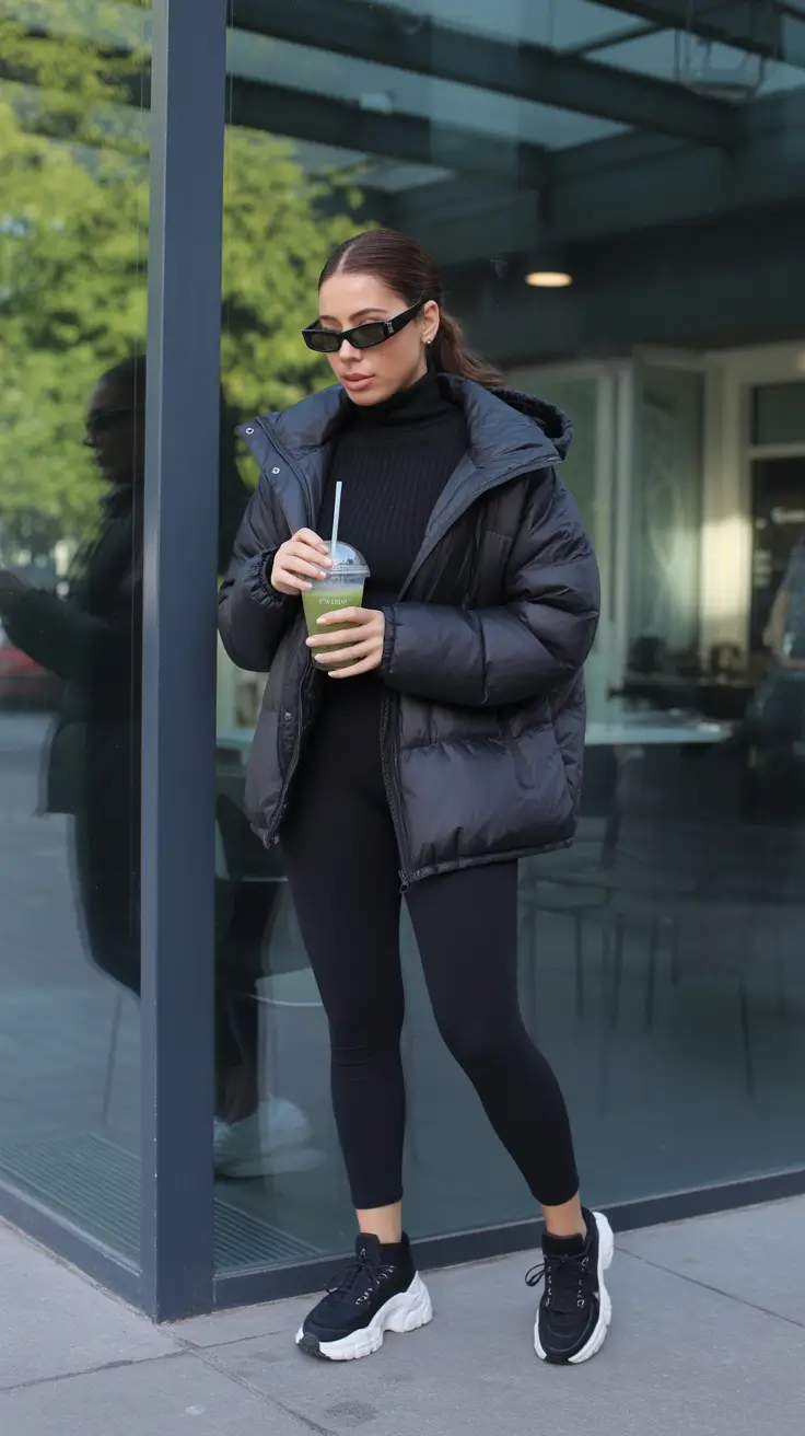 leggings outfit spring 2026 All-Black Puffer Layering for Cold Spring Days
