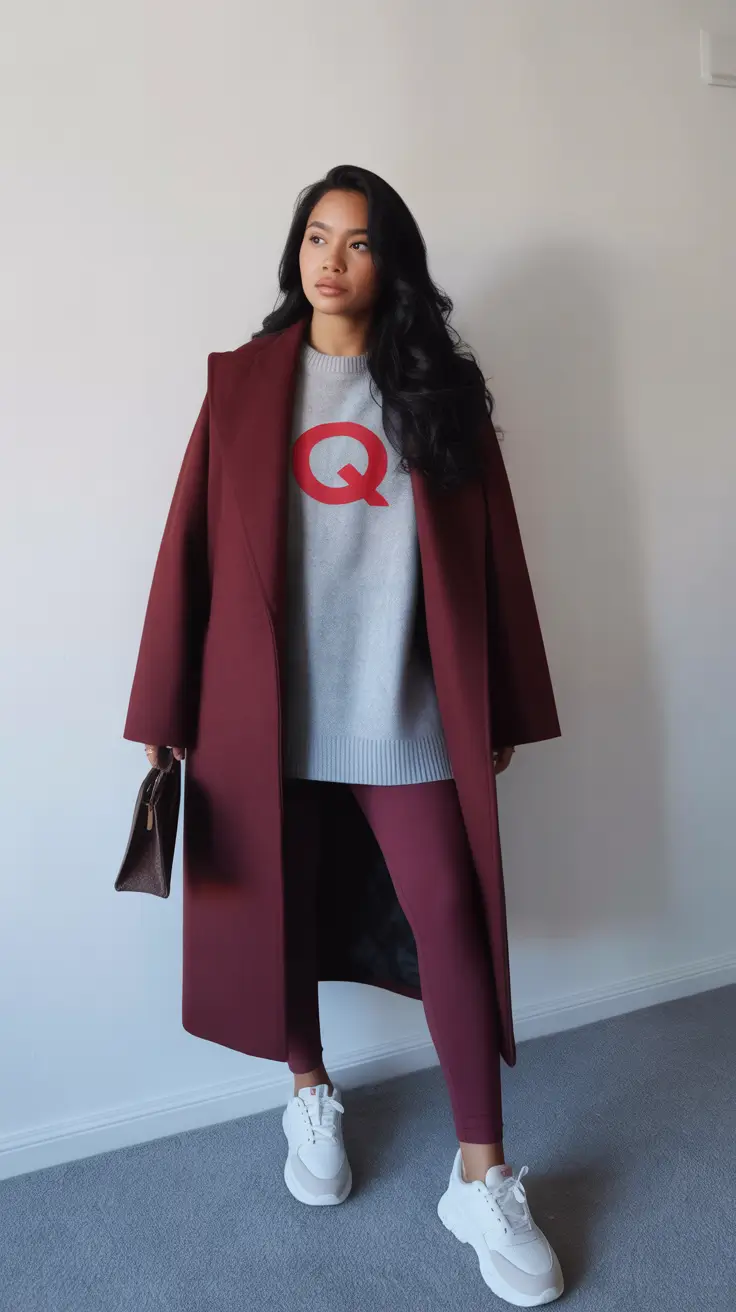leggings outfit spring 2026 Warm Burgundy Layers for a Soft Dressy Spring Look