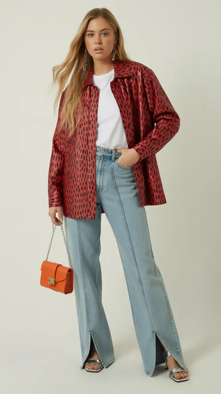 midsize spring outfits 2026 Bold-Red-Texture-With-Relaxed-Denim-Confidence