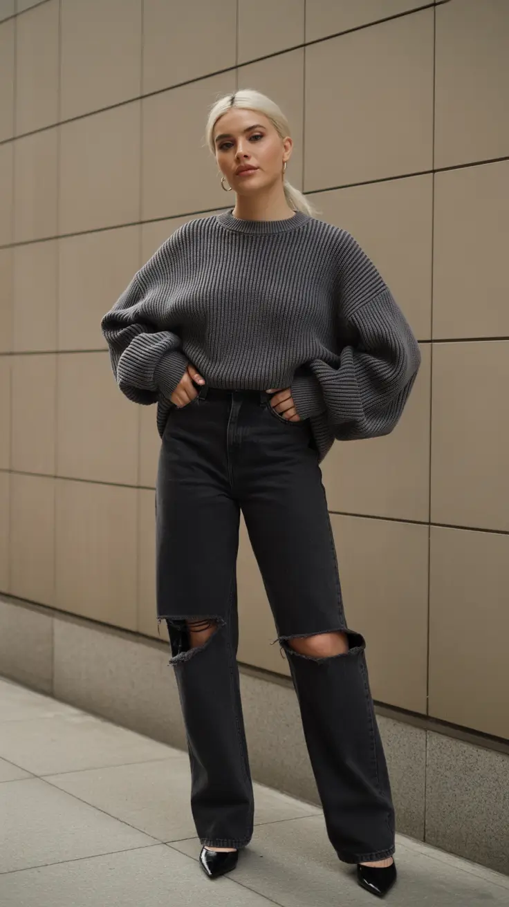 midsize spring outfits 2026 Dark-Denim-Drama-With-an-Oversized-Knit