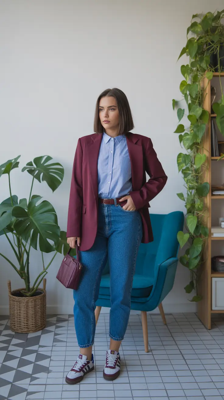 midsize spring outfits 2026 Structured-Burgundy-Blazer-With-Smart-Denim-Foundations