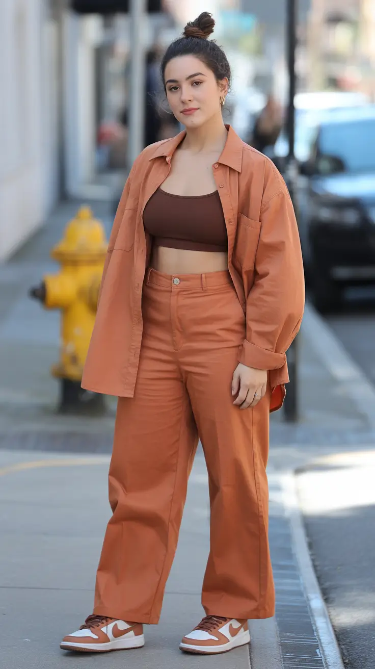 midsize spring outfits 2026 Warm-Earth-Toned-Coordination-With-a-Cropped-Twist