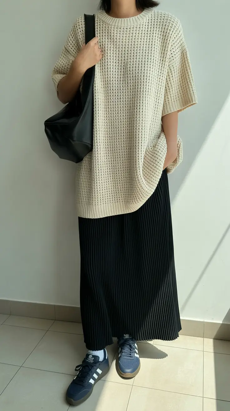 midsize spring outfits 2026 Soft-Knit-Minimalism-With-a-Flowing-Skirt-Twist