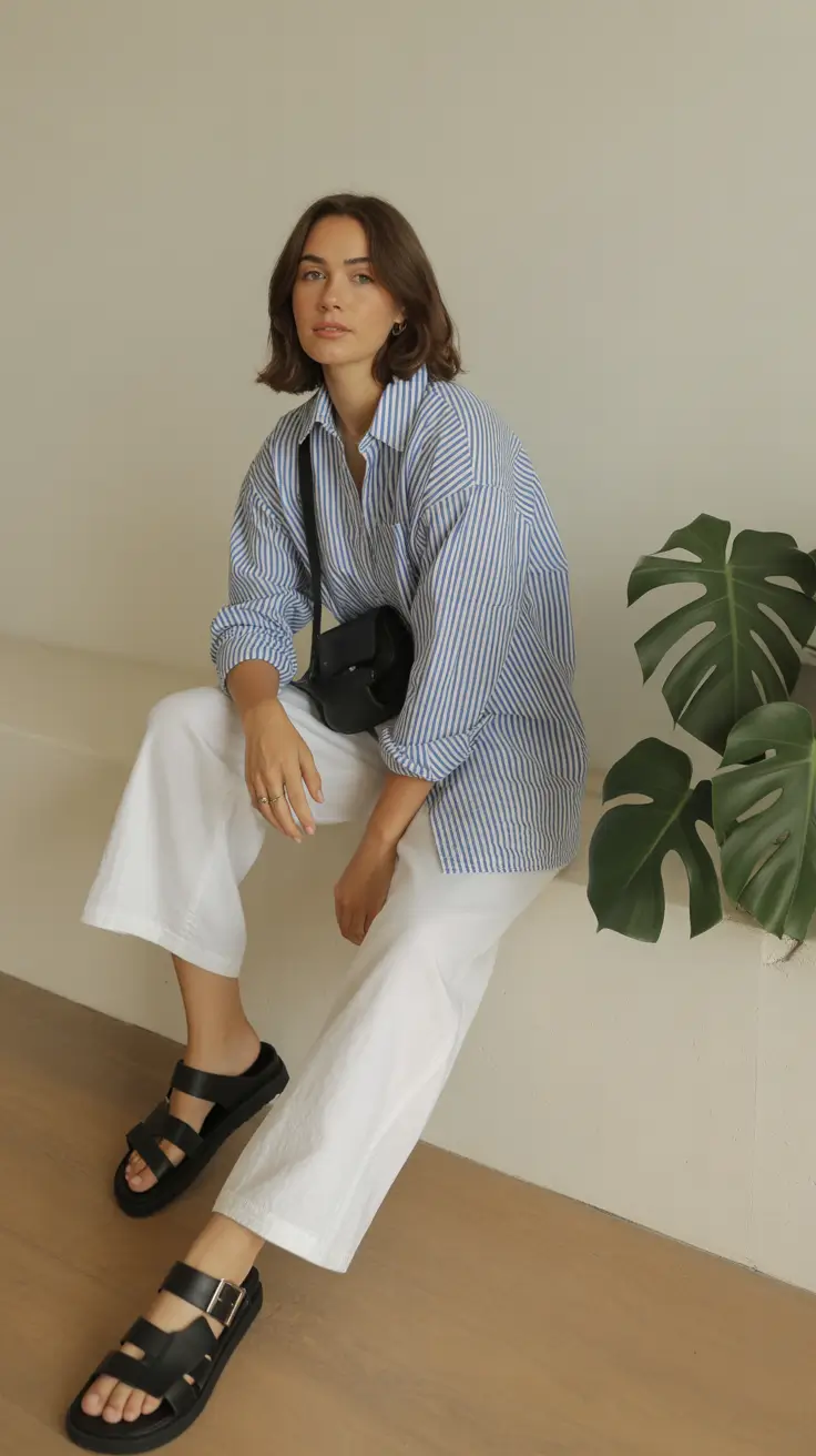 modest spring outfits 2026 Striped Cotton Ease with Crisp White Pants