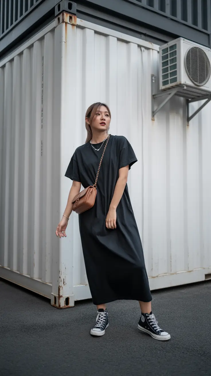 modest spring outfits 2026 Relaxed Black Tee Dress with Sporty Charm