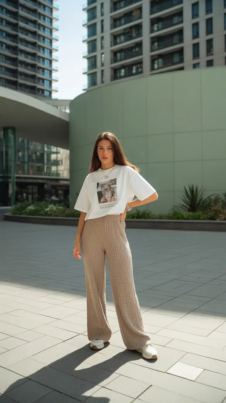 modest spring outfits 2026 Soft Knit Pants and Graphic Tee for Everyday Ease