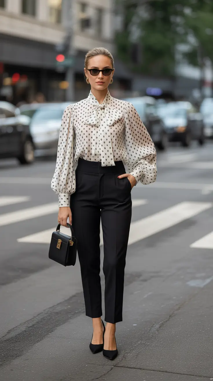 modest spring outfits 2026 Tailored Polka-Dot Blouse with Sleek Black Trousers